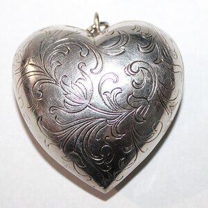Vintage Sterling Silver Puffed Heart Floral Etched Pendant 12 Grams RM Trush
